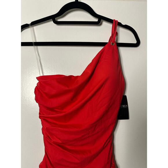 Lauren Ralph Lauren Women's Double-Strap One-Shoulder Red Swimsuit Size 8 NWT - Picture 3 of 13